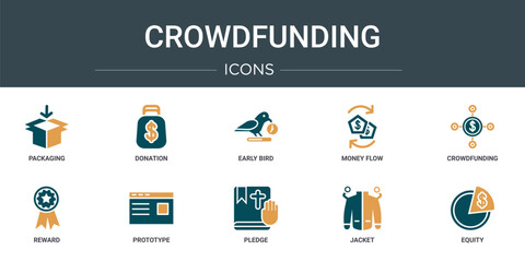 set of 10 outline web crowdfunding icons such as packaging, donation, early bird, money flow, crowdfunding, reward, prototype vector icons for report, presentation, diagram, web design, mobile app