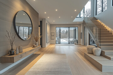 Photographie immobili&egrave;re d&rsquo;une entr&eacute;e moderne avec une console en bois suspendue, grand miroir d&eacute;coratif, tableau, &eacute;clairage encastr&eacute; doux et plantes