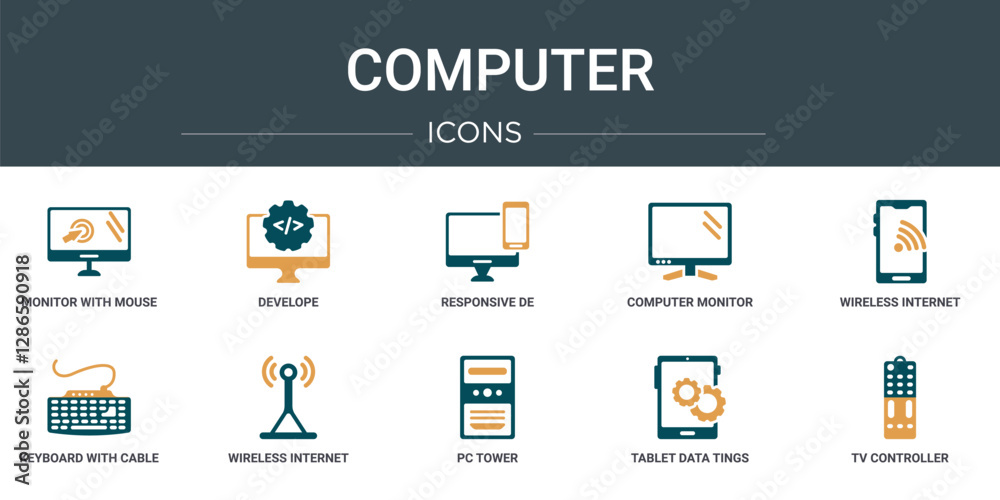 Poster set of 10 outline web computer icons such as monitor with mouse cursor, develope, responsive de, com
