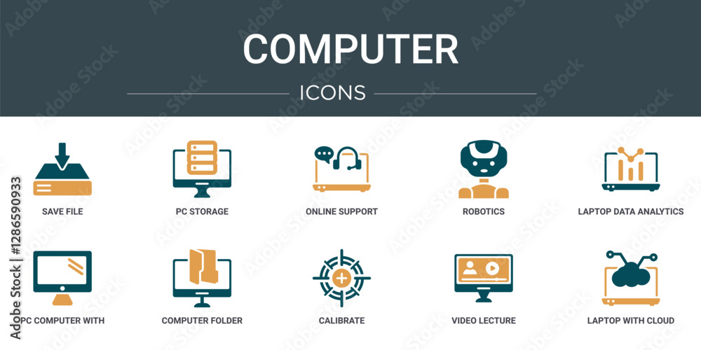 Poster set of 10 outline web computer icons such as save file, pc storage, online support, robotics, laptop