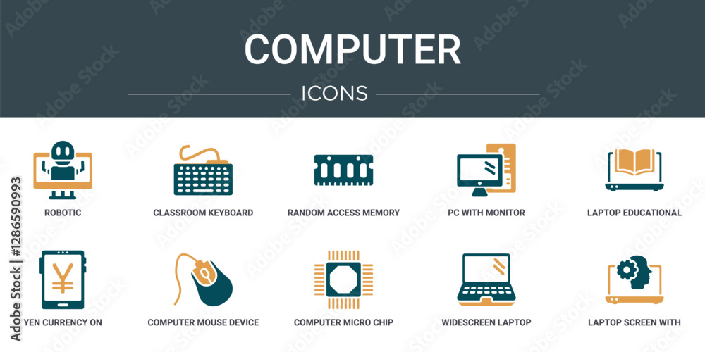 Poster set of 10 outline web computer icons such as robotic, classroom keyboard, random access memory chip,