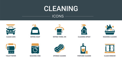 set of 10 outline web cleaning icons such as clean cars, wiping soap, wiping towel on a hanger, cleaning spray, washing cleanin, toilet paper, washing hine vector icons for report, presentation,