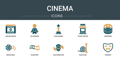 set of 10 outline web cinema icons such as online movie, vip person, film award, ticket office, zoetrope, movie reel, filmstrip vector icons for report, presentation, diagram, web design, mobile app