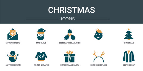 set of 10 outline web christmas icons such as letter shadow, mrs claus, celebration garlands,  , christmas, happy snowman, winter sweater vector icons for report, presentation, diagram, web design,