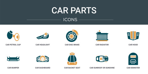 set of 10 outline web car parts icons such as car petrol cap, car headlight, disc brake, radiator, hood, bumper, dashboard vector icons for report, presentation, diagram, web design, mobile app