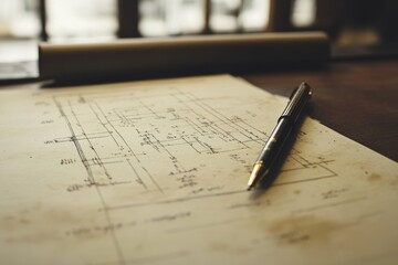 Aged blueprint with hand-drawn sketches and a classic pen rests on a wooden desk, suggesting architectural design or engineering.