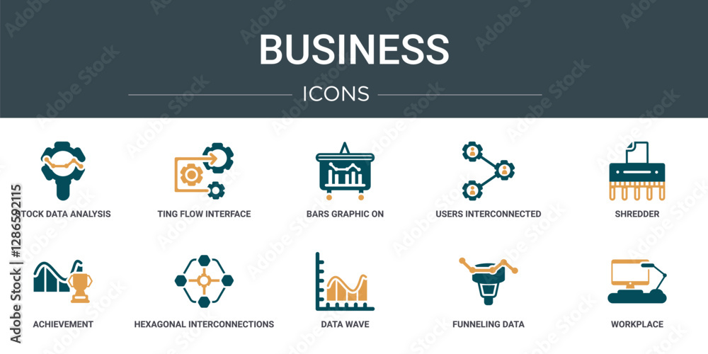 Wall mural set of 10 outline web business icons such as stock data analysis, ting flow interface, bars graphic 
