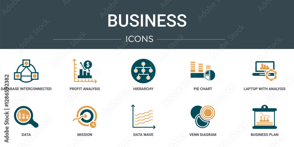 Wall mural set of 10 outline web business icons such as database interconnected, profit analysis, hierarchy, pi