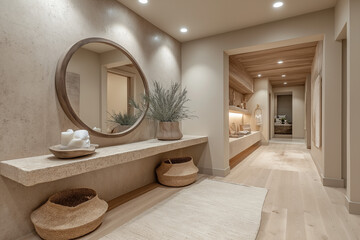 Photographie immobili&egrave;re d&rsquo;une entr&eacute;e moderne avec une console en bois suspendue, grand miroir d&eacute;coratif, tableau, &eacute;clairage encastr&eacute; doux et plantes