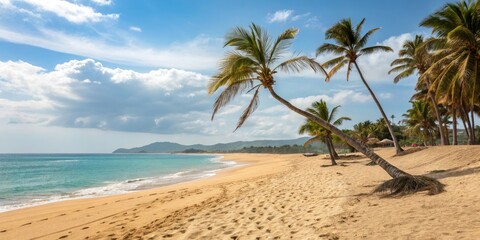 Obraz premium Warm sandy beach with palm trees swaying gently in the ocean breeze, sunny day, water's edge, palm trees, tropical
