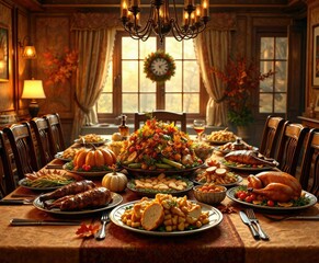 Fototapeta premium Warmly lit dining table with a delicious Thanksgiving dinner spread, pumpkin pie, autumn leaves, festive setup
