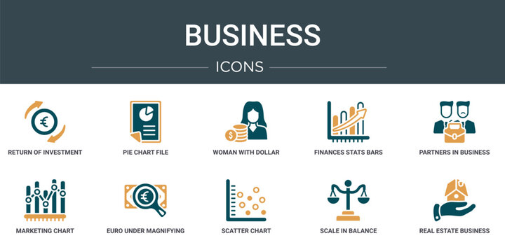 set of 10 outline web business icons such as return of investment, pie chart file, woman with dollar circle, finances stats bars graphic with up arrow, partners in business, marketing chart, euro
