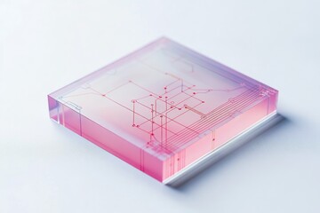 A translucent pink cube displays an intricate network of red lines, resembling a microfluidic chip or circuit board.