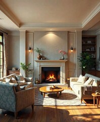 Fototapeta premium Warm and inviting room around a crackling fireplace with comfortable furniture, , comfortable furniture