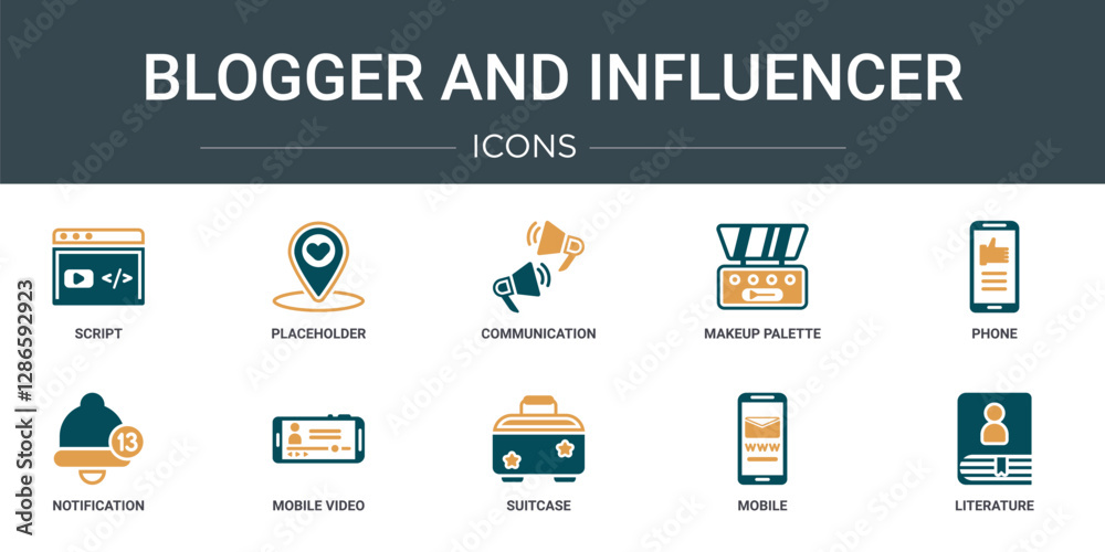 Wall mural set of 10 outline web blogger and influencer icons such as script, placeholder, communication, makeu