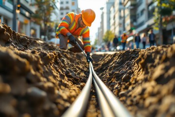 Cable Installation Site. Construction worker in safety gear installing fiber optic cables in urban trench during infrastructure development project.