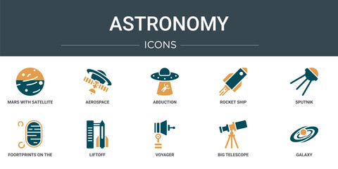 set of 10 outline web astronomy icons such as mars with satellite, aerospace, abduction, rocket ship, sputnik, foortprints on the moon, liftoff vector icons for report, presentation, diagram, web