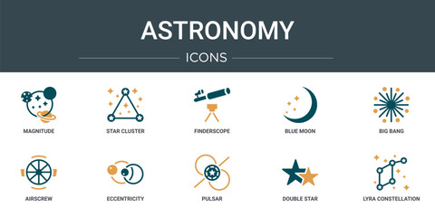 set of 10 outline web astronomy icons such as magnitude, star cluster, finderscope, blue moon, big bang, airscrew, eccentricity vector icons for report, presentation, diagram, web design, mobile app © Digital Bazaar