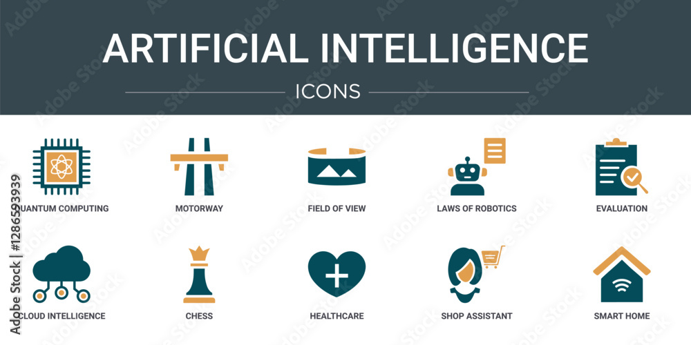Wall mural set of 10 outline web artificial intelligence icons such as quantum computing, motorway, field of vi