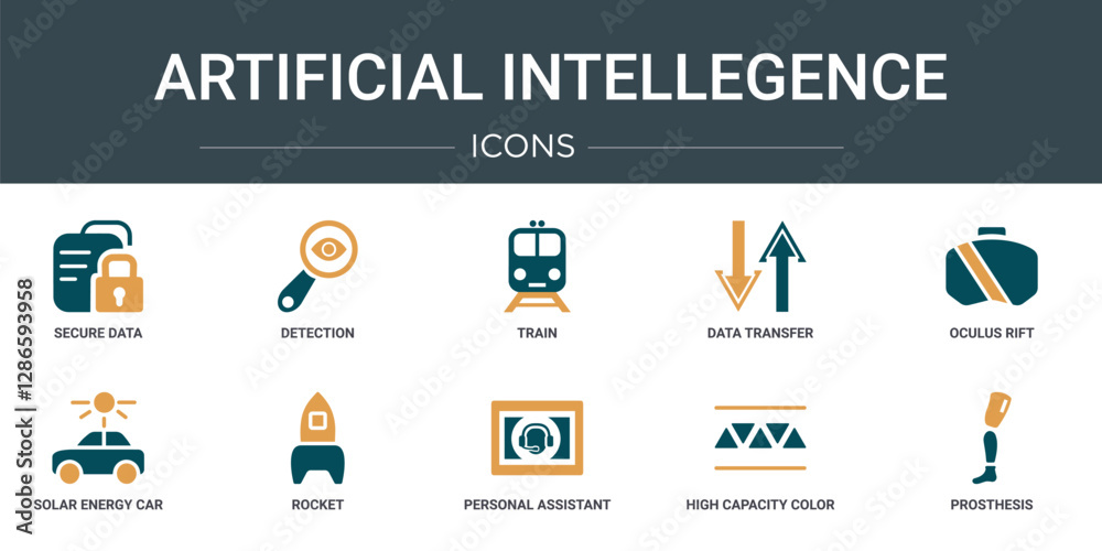 Poster set of 10 outline web artificial intellegence icons such as secure data, detection, train, data tran
