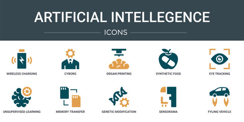 set of 10 outline web artificial intellegence icons such as wireless charging, cyborg, organ printing, synthetic food, eye tracking, unsupervised learning, memory transfer vector icons for report,