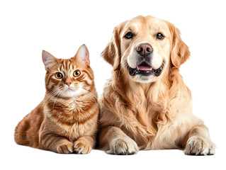 Fototapeta premium Adorable golden retriever and playful ginger cat sitting together, showcasing friendship and companionship
