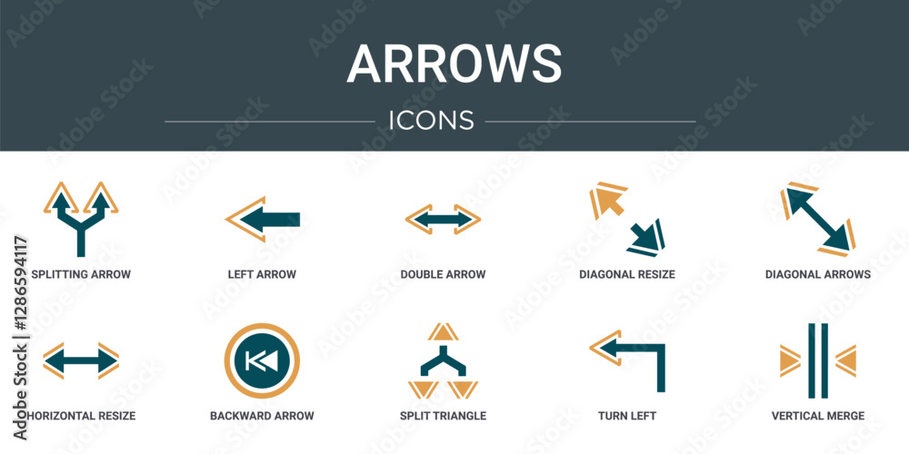 Wall mural set of 10 outline web arrows icons such as splitting arrow, left arrow, double arrow, diagonal resiz