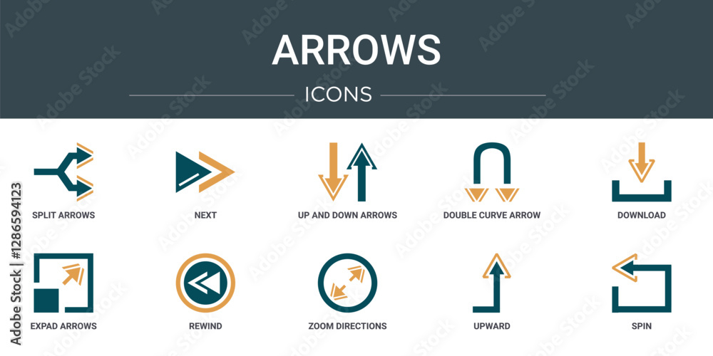 Wall mural set of 10 outline web arrows icons such as split arrows, next, up and down arrows, double curve arro
