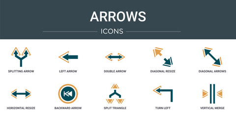 set of 10 outline web arrows icons such as splitting arrow, left arrow, double arrow, diagonal resize, diagonal arrows, horizontal resize, backward vector icons for report, presentation, diagram,