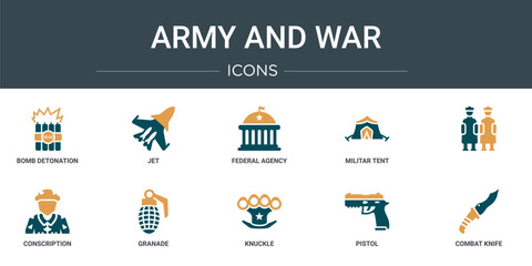 set of 10 outline web army and war icons such as bomb detonation, jet, federal agency, militar tent,  , conscription, granade vector icons for report, presentation, diagram, web design, mobile app