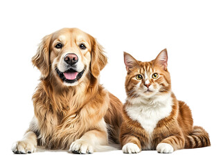 Playful golden retriever and fluffy orange cat posing together on isolated background with cheerful expressions
