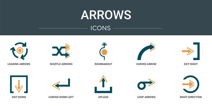 set of 10 outline web arrows icons such as loading arrows, shuffle arrows, roundabout, curved arrow, exit right, exit down, curved down left arrow vector icons for report, presentation, diagram, web