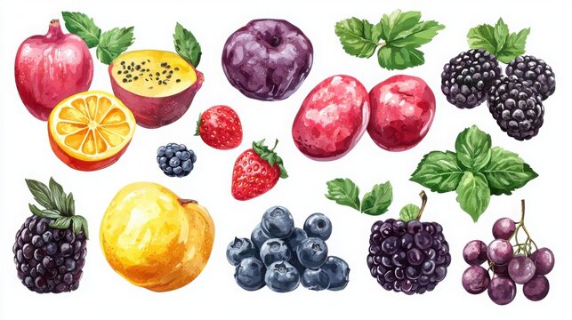Vibrant watercolor illustration of assorted fresh fruits and berries arrangement