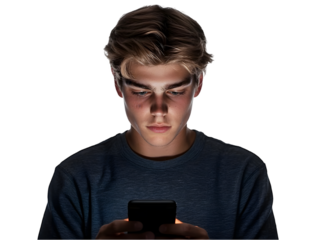 Young Male Engaged in Smartphone Activity Illuminated by Screen in Dim Environment