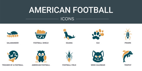 set of 10 outline web american football icons such as salamander, football shield, iguana, elk, prawn, trouser of a football player, american mark vector icons for report, presentation, diagram, web