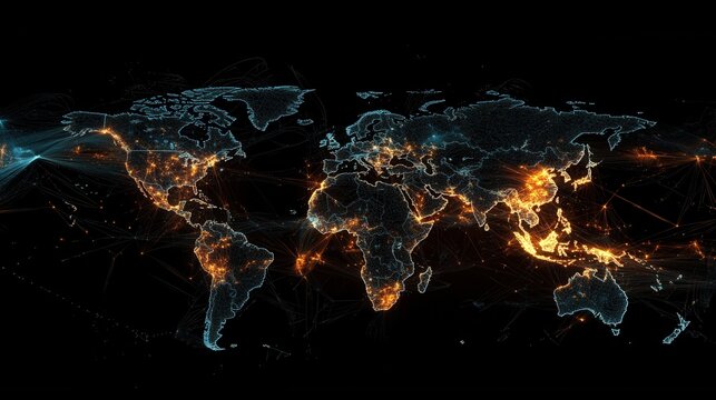 A global network visualization with a high-tech world map and luminous data links spanning across the continents.