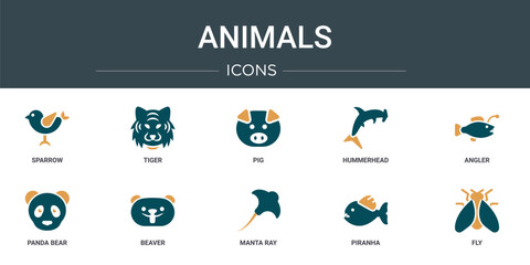 set of 10 outline web animals icons such as sparrow, tiger, pig, hummerhead, angler, panda bear, beaver vector icons for report, presentation, diagram, web design, mobile app © Digital Bazaar