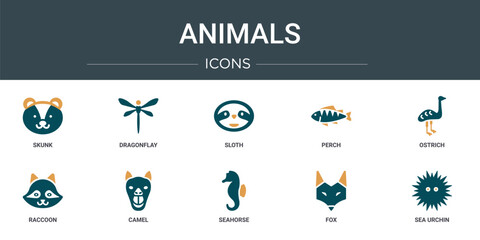 set of 10 outline web animals icons such as skunk, dragonflay, sloth, perch, ostrich, raccoon, camel vector icons for report, presentation, diagram, web design, mobile app