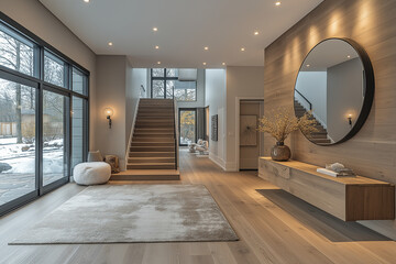 Photographie immobili&egrave;re d&rsquo;une entr&eacute;e moderne avec une console en bois suspendue, grand miroir d&eacute;coratif, tableau, &eacute;clairage encastr&eacute; doux et plantes