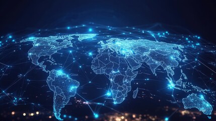 A globalized world map with futuristic glowing lines connecting different time zones, representing seamless digital communication.