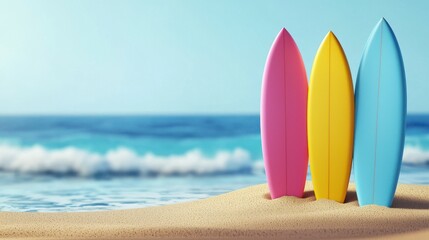 Three Colorful Surfboards on Sandy Beach under Sunny Sky