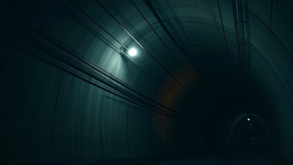 Dark underground tunnel. Dimly lit underground tunnel with cables and a single light source.