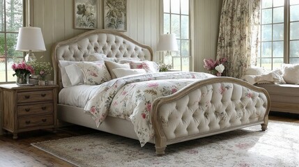Floral bedding on tufted bed in elegant bedroom