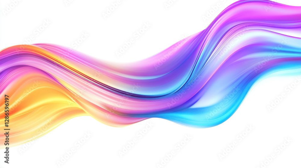 Poster A colorful, iridescent wave-like shape with fluid curves, set against white. Its vibrant, dynamic colors and shimmering effect make it visually stunning and mesmerizing.