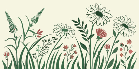 Illustrate a realistic wildflower meadow pattern with fine botanical detailing.