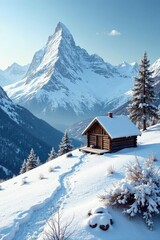 Snowy mountain landscape with wooden hut in distance, natural, rustic