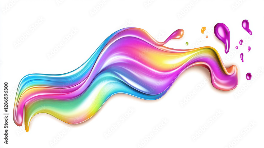 Poster A colorful, iridescent wave-like shape with fluid curves, set against white. Its vibrant, dynamic colors and shimmering effect make it visually stunning and mesmerizing.