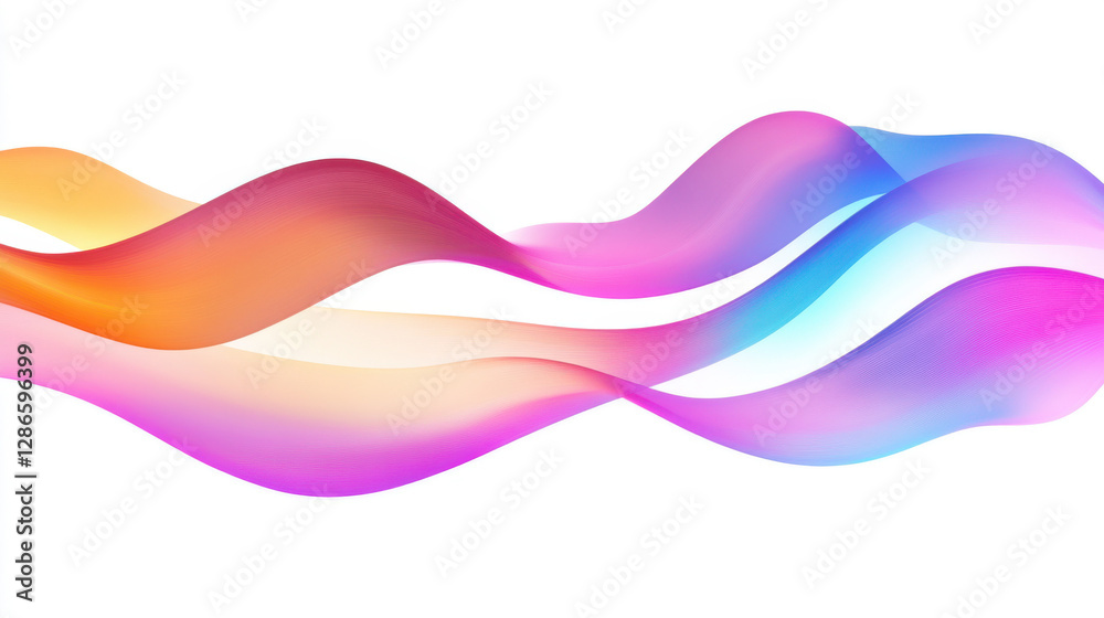 Poster a vibrant, iridescent abstract form resembling a flowing wave, set on white. its organic curves and 