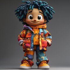 Fun and vibrant full-body cartoon character with exaggerated features, big expressive eyes, and a mischievous grin, posed dynamically with bold colors and style Generative AI