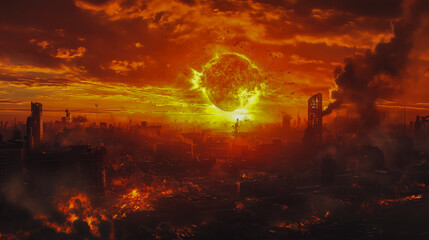 Fototapeta premium Catastrophic Atomic Explosion Obliterates City at Sunset, Showcasing the Horrific Effects of Nuclear Destruction and Its Profound Impact on Humanity.